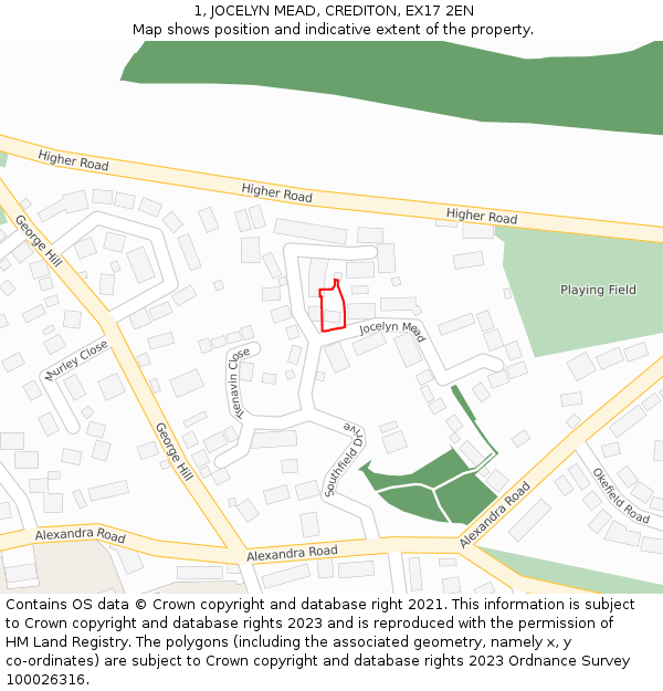 1, JOCELYN MEAD, CREDITON, EX17 2EN: Location map and indicative extent of plot