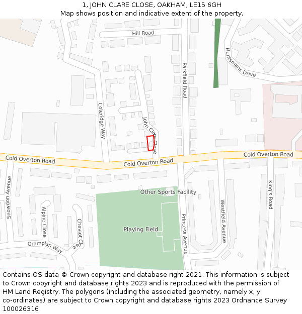 1, JOHN CLARE CLOSE, OAKHAM, LE15 6GH: Location map and indicative extent of plot