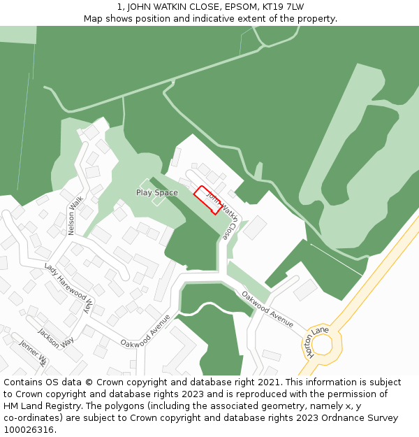 1, JOHN WATKIN CLOSE, EPSOM, KT19 7LW: Location map and indicative extent of plot