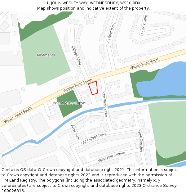 1, JOHN WESLEY WAY, WEDNESBURY, WS10 0BX: Location map and indicative extent of plot