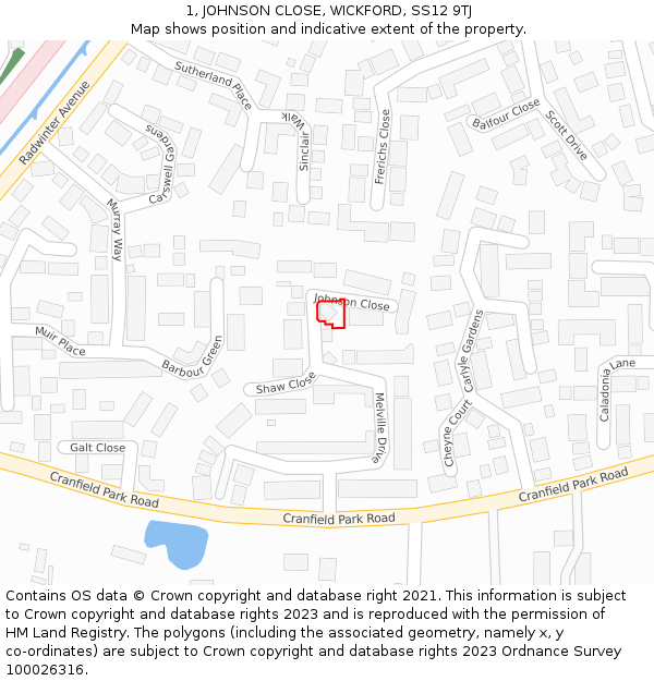 1, JOHNSON CLOSE, WICKFORD, SS12 9TJ: Location map and indicative extent of plot