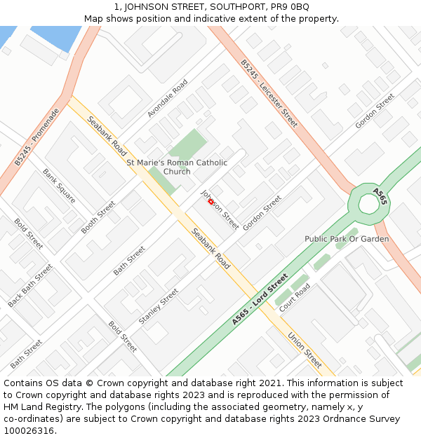 1, JOHNSON STREET, SOUTHPORT, PR9 0BQ: Location map and indicative extent of plot