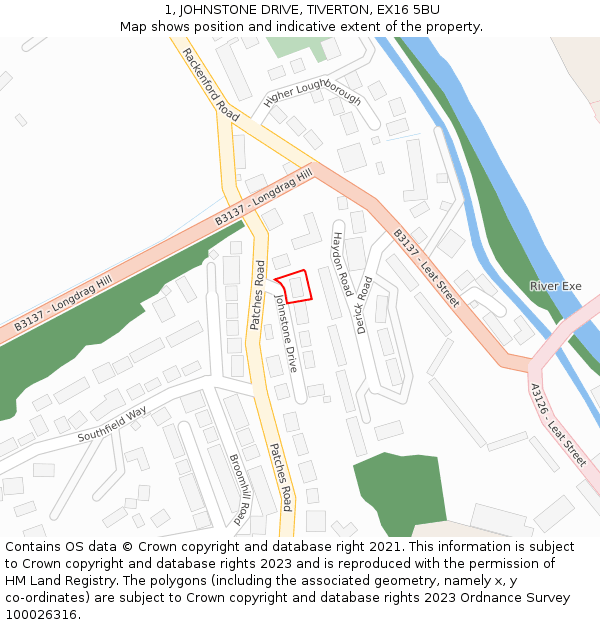 1, JOHNSTONE DRIVE, TIVERTON, EX16 5BU: Location map and indicative extent of plot