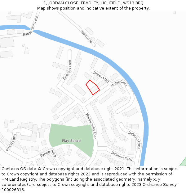 1, JORDAN CLOSE, FRADLEY, LICHFIELD, WS13 8PQ: Location map and indicative extent of plot