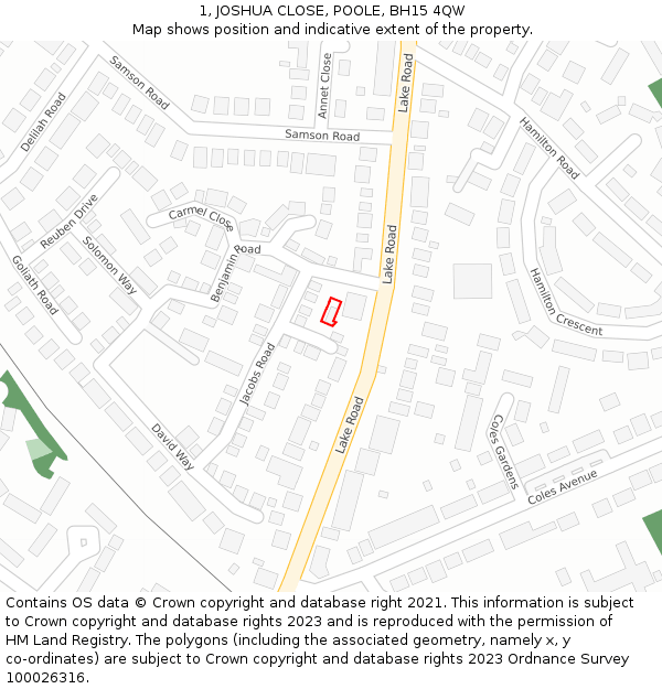 1, JOSHUA CLOSE, POOLE, BH15 4QW: Location map and indicative extent of plot