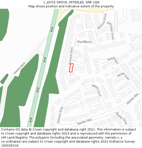 1, JOYCE GROVE, PETERLEE, SR8 1QW: Location map and indicative extent of plot