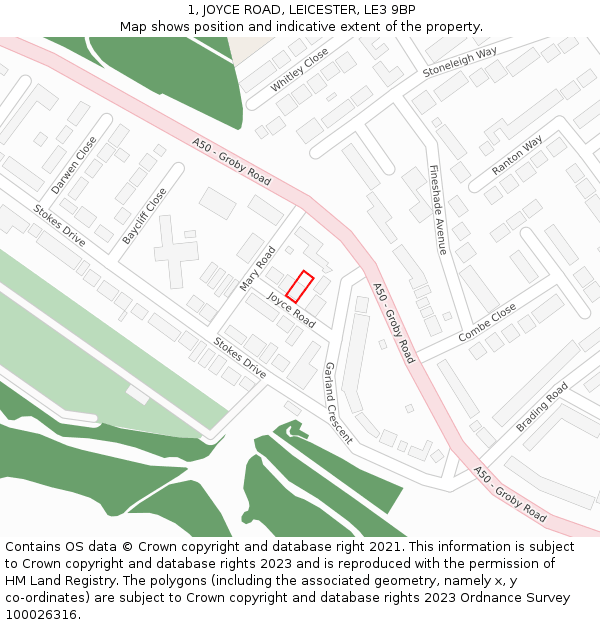 1, JOYCE ROAD, LEICESTER, LE3 9BP: Location map and indicative extent of plot