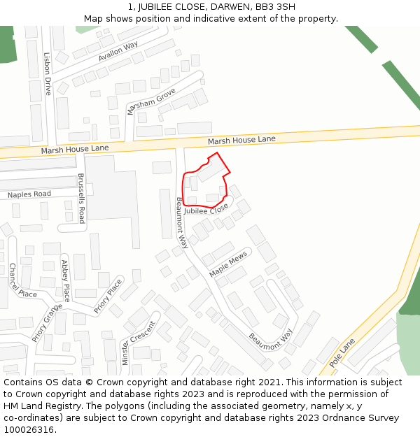 1, JUBILEE CLOSE, DARWEN, BB3 3SH: Location map and indicative extent of plot