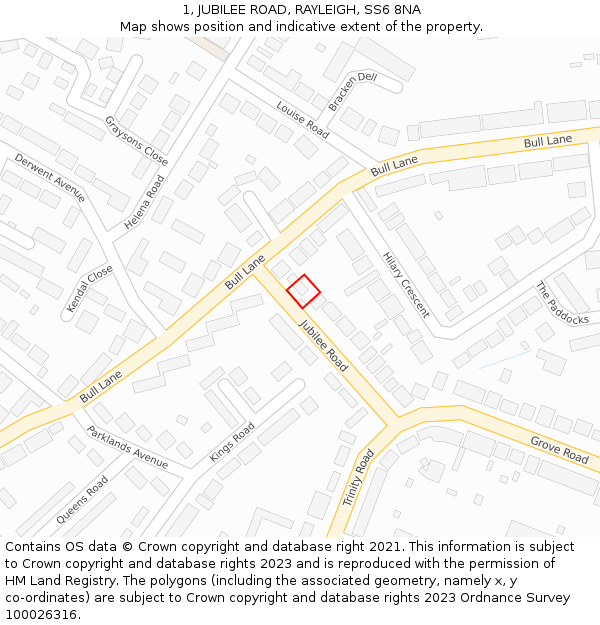 1, JUBILEE ROAD, RAYLEIGH, SS6 8NA: Location map and indicative extent of plot