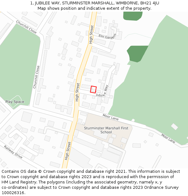 1, JUBILEE WAY, STURMINSTER MARSHALL, WIMBORNE, BH21 4JU: Location map and indicative extent of plot