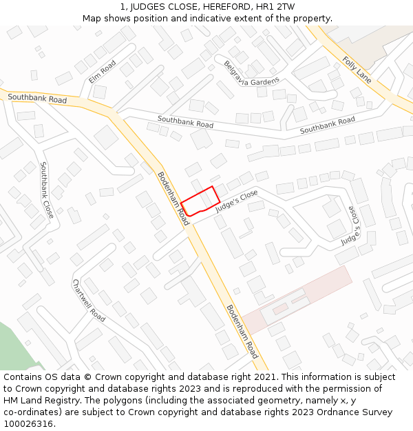 1, JUDGES CLOSE, HEREFORD, HR1 2TW: Location map and indicative extent of plot
