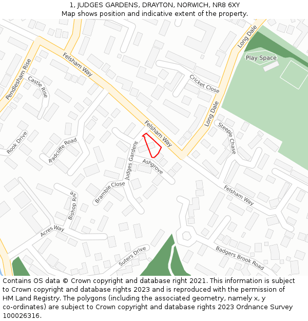 1, JUDGES GARDENS, DRAYTON, NORWICH, NR8 6XY: Location map and indicative extent of plot