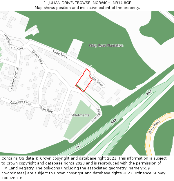 1, JULIAN DRIVE, TROWSE, NORWICH, NR14 8GF: Location map and indicative extent of plot