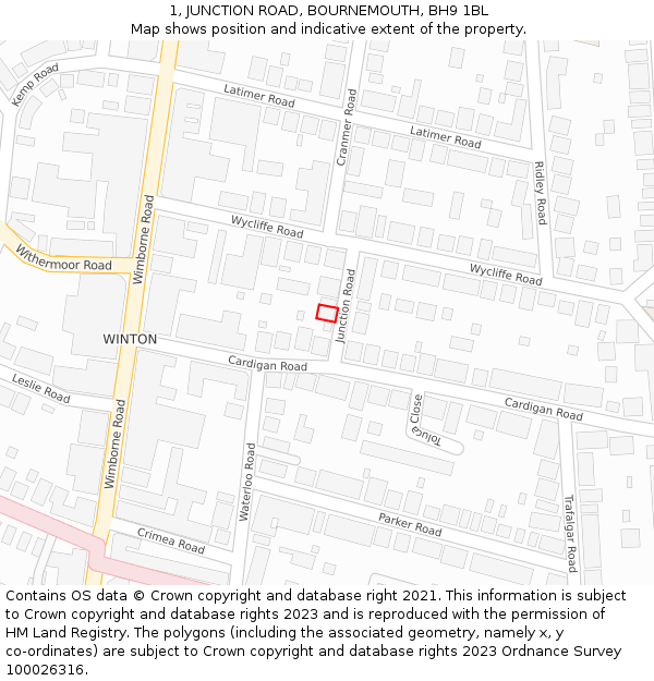 1, JUNCTION ROAD, BOURNEMOUTH, BH9 1BL: Location map and indicative extent of plot