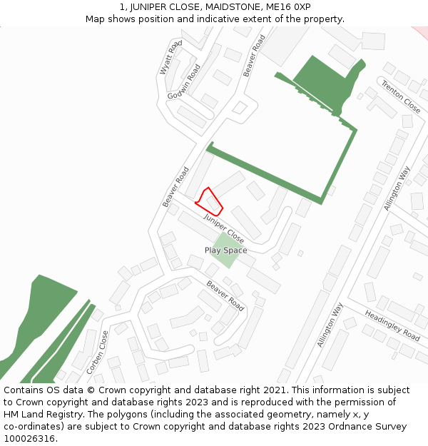 1, JUNIPER CLOSE, MAIDSTONE, ME16 0XP: Location map and indicative extent of plot