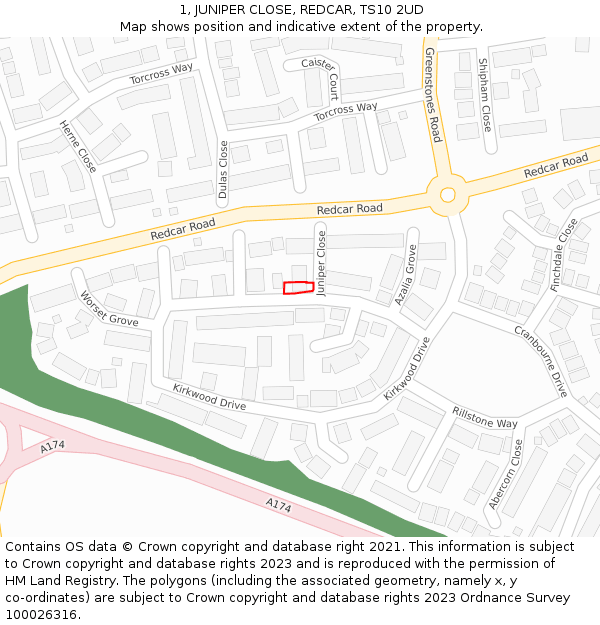 1, JUNIPER CLOSE, REDCAR, TS10 2UD: Location map and indicative extent of plot