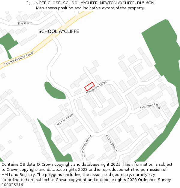 1, JUNIPER CLOSE, SCHOOL AYCLIFFE, NEWTON AYCLIFFE, DL5 6GN: Location map and indicative extent of plot