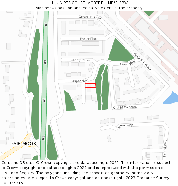 1, JUNIPER COURT, MORPETH, NE61 3BW: Location map and indicative extent of plot