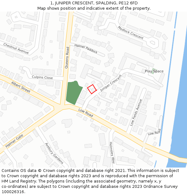 1, JUNIPER CRESCENT, SPALDING, PE12 6FD: Location map and indicative extent of plot