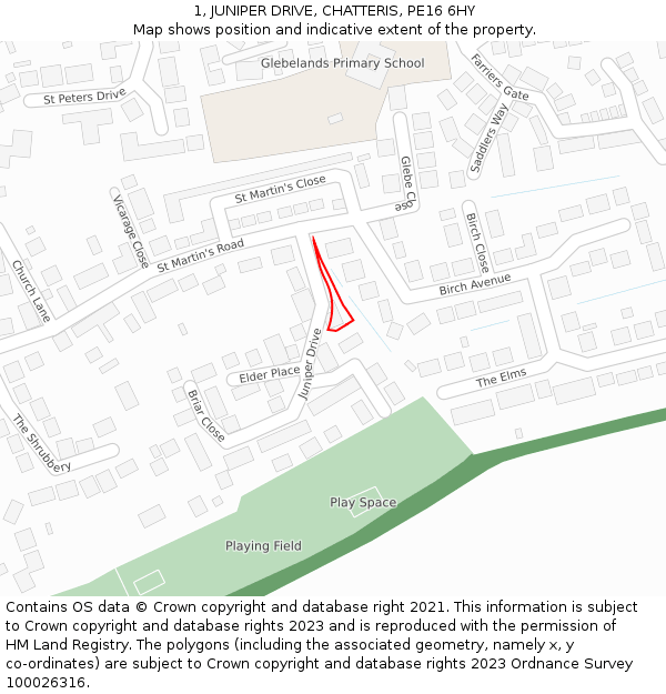 1, JUNIPER DRIVE, CHATTERIS, PE16 6HY: Location map and indicative extent of plot