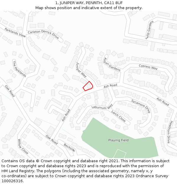 1, JUNIPER WAY, PENRITH, CA11 8UF: Location map and indicative extent of plot