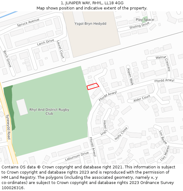 1, JUNIPER WAY, RHYL, LL18 4GG: Location map and indicative extent of plot