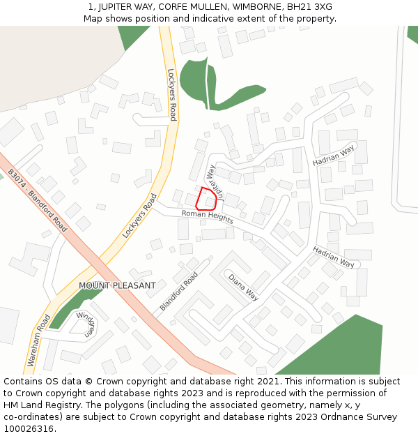 1, JUPITER WAY, CORFE MULLEN, WIMBORNE, BH21 3XG: Location map and indicative extent of plot