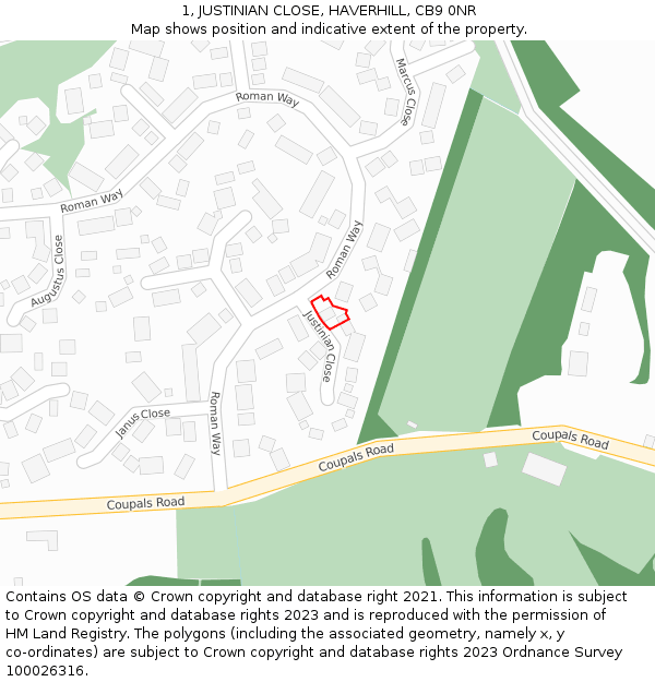 1, JUSTINIAN CLOSE, HAVERHILL, CB9 0NR: Location map and indicative extent of plot