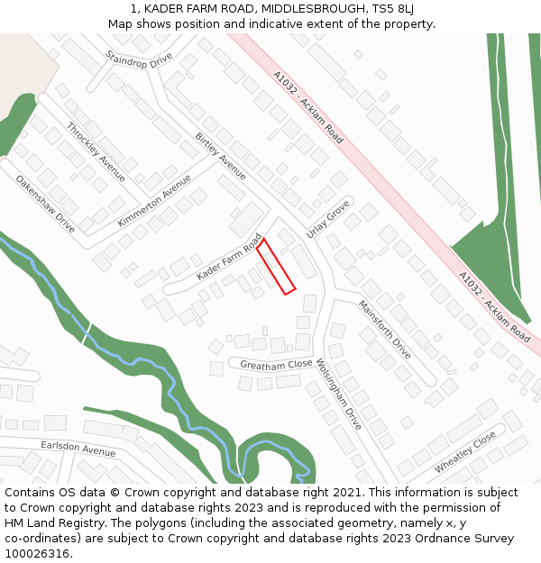 1, KADER FARM ROAD, MIDDLESBROUGH, TS5 8LJ: Location map and indicative extent of plot