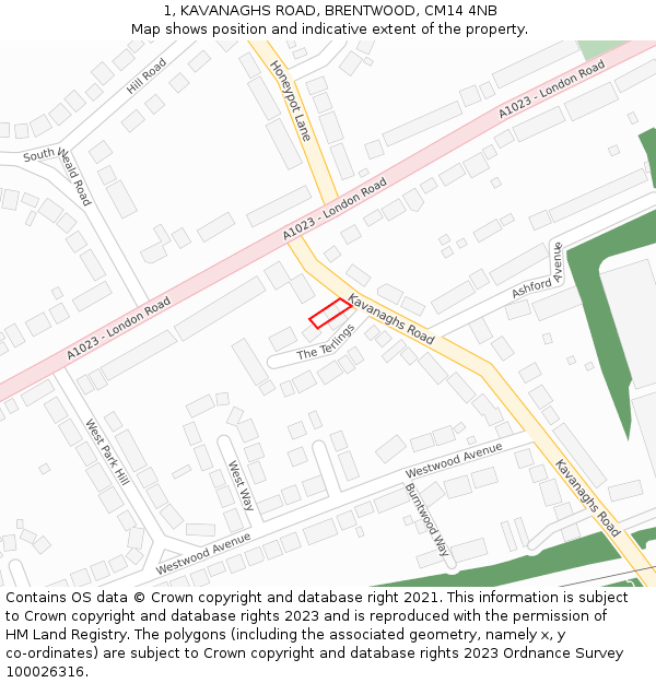 1, KAVANAGHS ROAD, BRENTWOOD, CM14 4NB: Location map and indicative extent of plot
