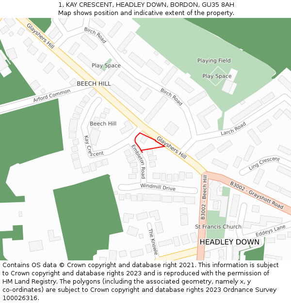 1, KAY CRESCENT, HEADLEY DOWN, BORDON, GU35 8AH: Location map and indicative extent of plot