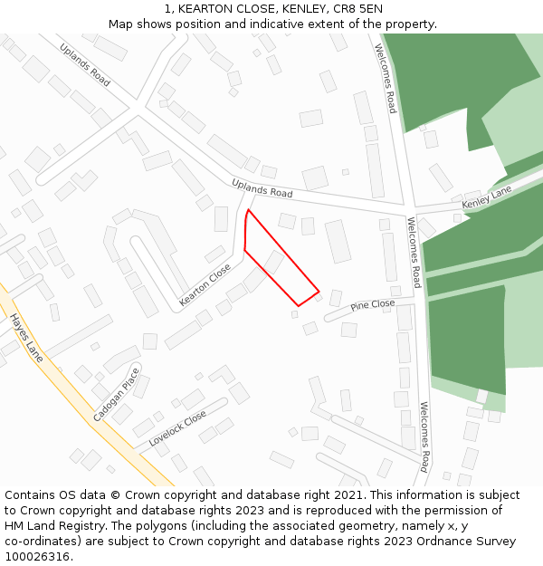 1, KEARTON CLOSE, KENLEY, CR8 5EN: Location map and indicative extent of plot