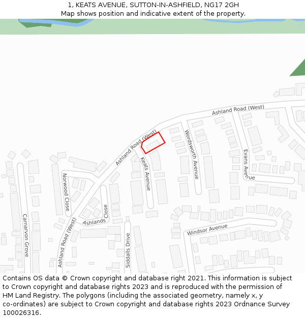 1, KEATS AVENUE, SUTTON-IN-ASHFIELD, NG17 2GH: Location map and indicative extent of plot