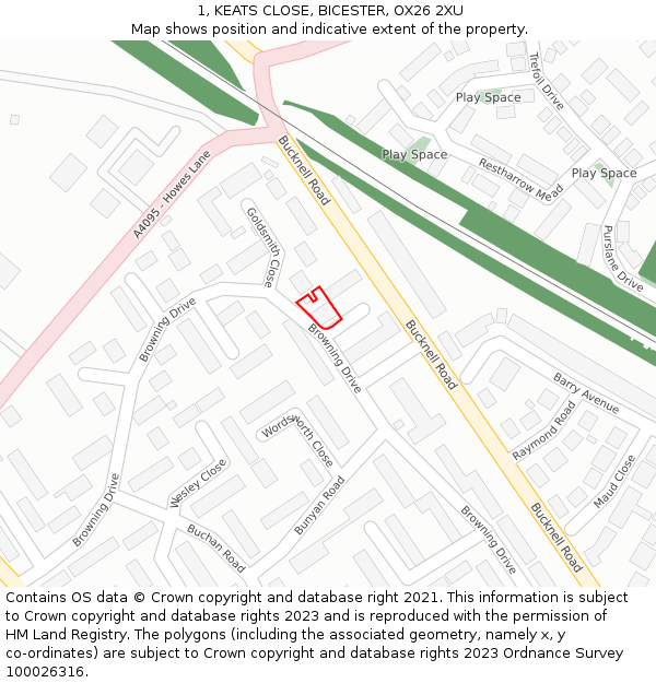 1, KEATS CLOSE, BICESTER, OX26 2XU: Location map and indicative extent of plot