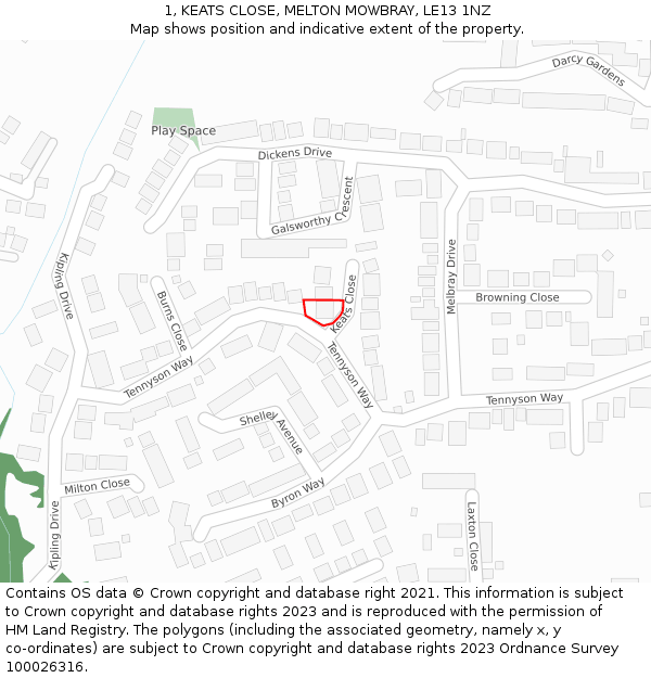 1, KEATS CLOSE, MELTON MOWBRAY, LE13 1NZ: Location map and indicative extent of plot