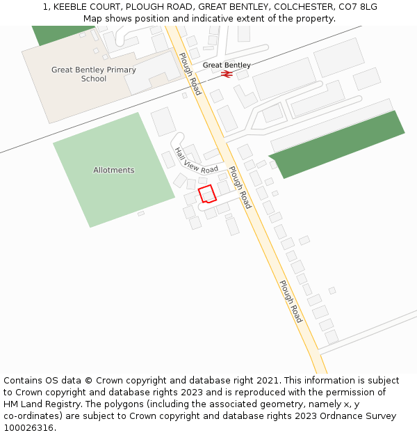 1, KEEBLE COURT, PLOUGH ROAD, GREAT BENTLEY, COLCHESTER, CO7 8LG: Location map and indicative extent of plot