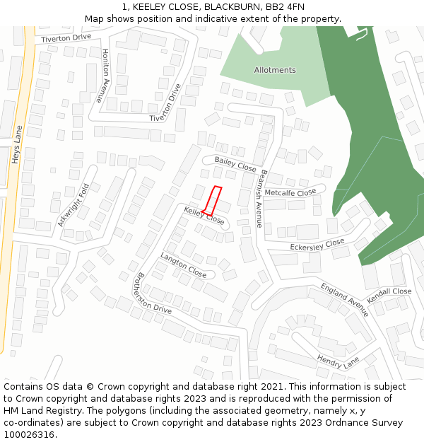 1, KEELEY CLOSE, BLACKBURN, BB2 4FN: Location map and indicative extent of plot