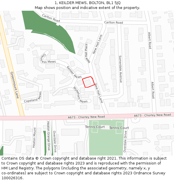 1, KEILDER MEWS, BOLTON, BL1 5JQ: Location map and indicative extent of plot