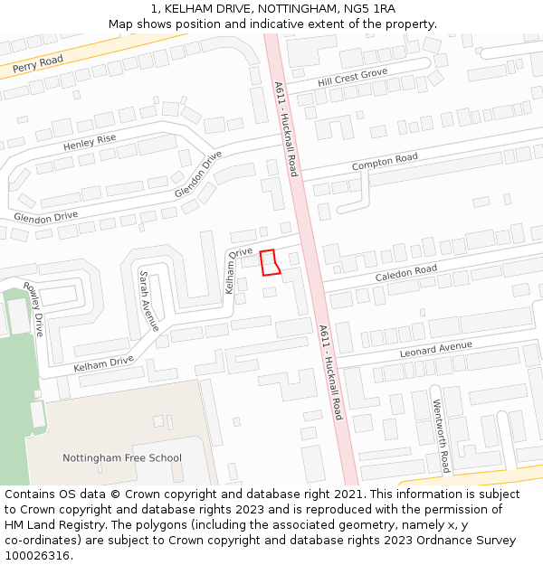 1, KELHAM DRIVE, NOTTINGHAM, NG5 1RA: Location map and indicative extent of plot
