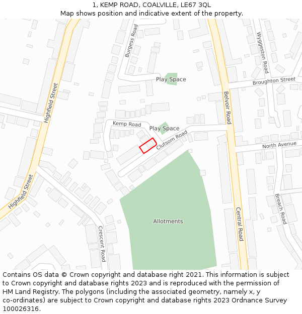 1, KEMP ROAD, COALVILLE, LE67 3QL: Location map and indicative extent of plot