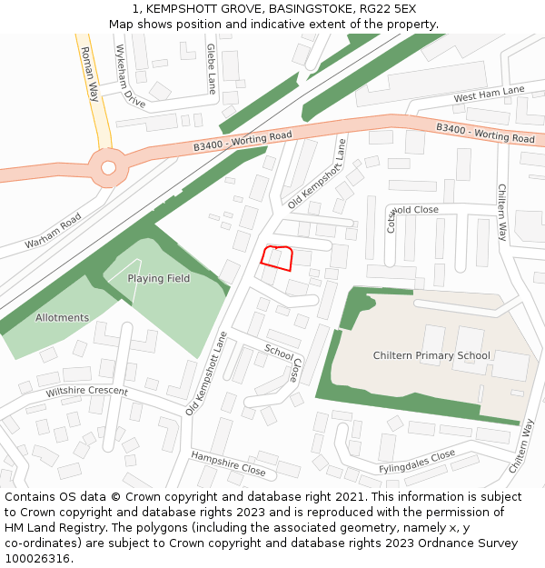 1, KEMPSHOTT GROVE, BASINGSTOKE, RG22 5EX: Location map and indicative extent of plot