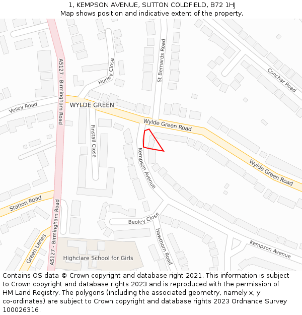1, KEMPSON AVENUE, SUTTON COLDFIELD, B72 1HJ: Location map and indicative extent of plot