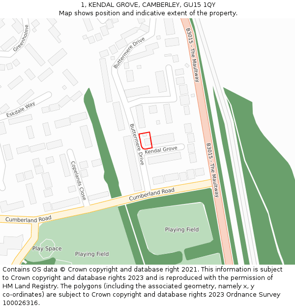 1, KENDAL GROVE, CAMBERLEY, GU15 1QY: Location map and indicative extent of plot