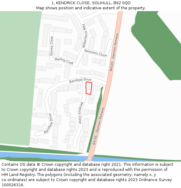 1, KENDRICK CLOSE, SOLIHULL, B92 0QD: Location map and indicative extent of plot