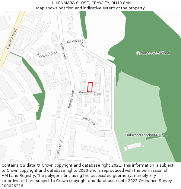 1, KENMARA CLOSE, CRAWLEY, RH10 8AN: Location map and indicative extent of plot