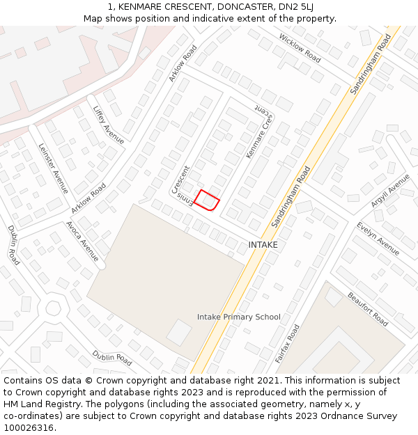 1, KENMARE CRESCENT, DONCASTER, DN2 5LJ: Location map and indicative extent of plot