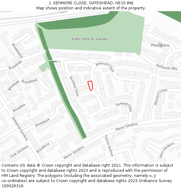 1, KENMORE CLOSE, GATESHEAD, NE10 8WJ: Location map and indicative extent of plot