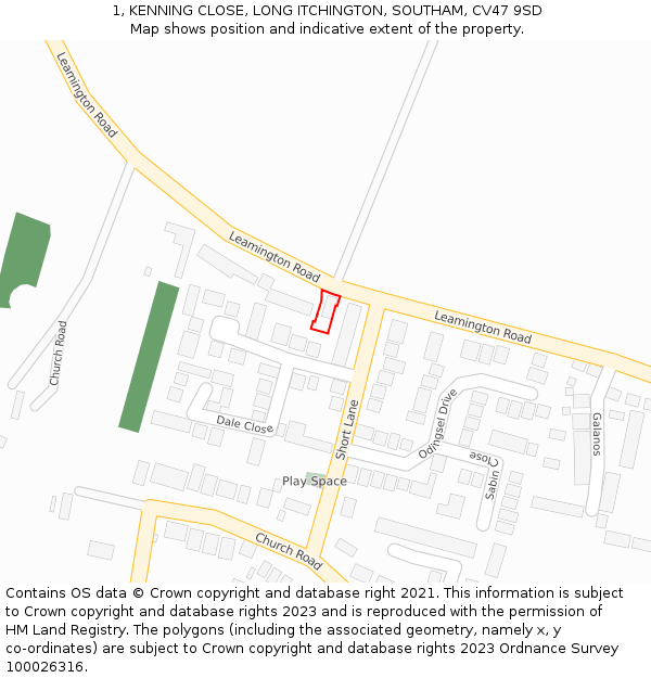 1, KENNING CLOSE, LONG ITCHINGTON, SOUTHAM, CV47 9SD: Location map and indicative extent of plot