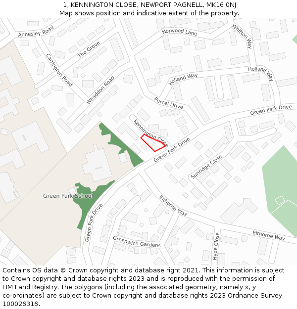 1, KENNINGTON CLOSE, NEWPORT PAGNELL, MK16 0NJ: Location map and indicative extent of plot