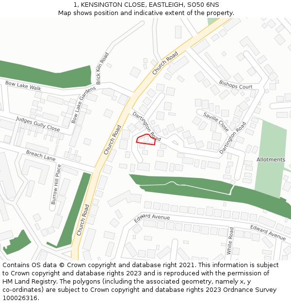 1, KENSINGTON CLOSE, EASTLEIGH, SO50 6NS: Location map and indicative extent of plot